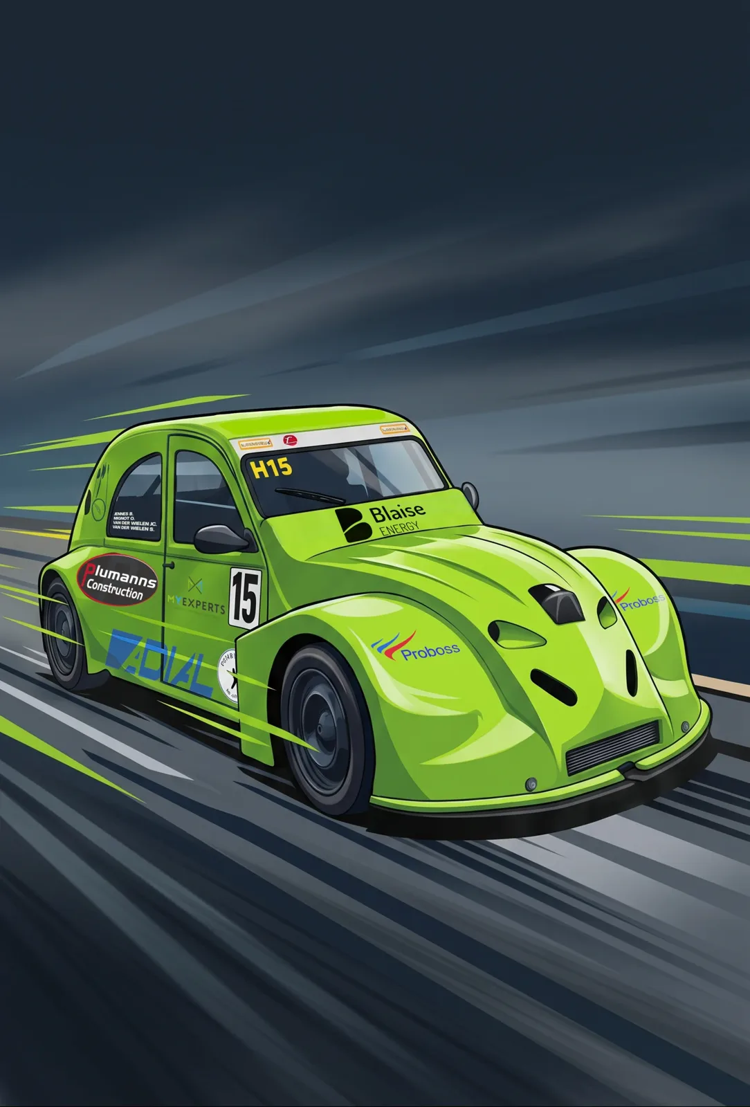 Illustration de la 2CV verte #15 lancée à pleine vitesse sur la piste de nuit